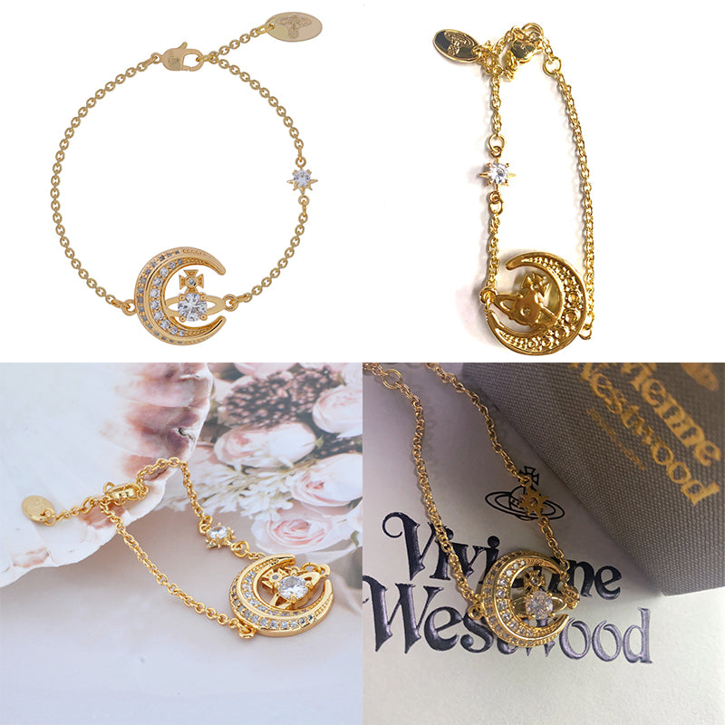 Gem Studded Crescent Moon Orb Pendant Gold & Silver Bracelet (2 Colors)