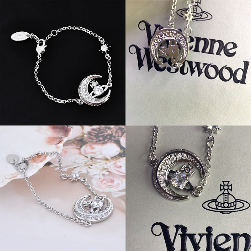 Gem Studded Crescent Moon Orb Pendant Gold & Silver Bracelet (2 Colors)