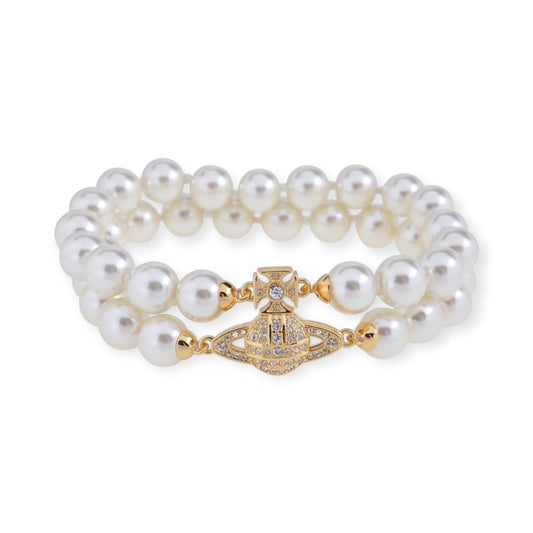 Double Layer Beaded Pearl Studded Orb Pendant Magnetic Clasp Gold & Silver Bracelet (2 Colors)