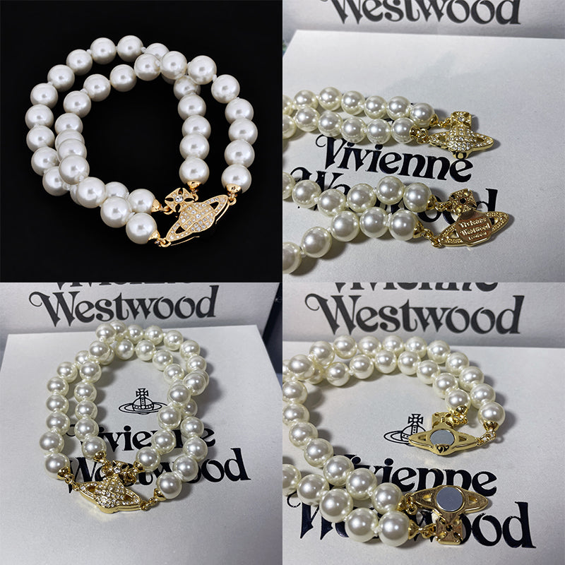 Double Layer Beaded Pearl Studded Orb Pendant Magnetic Clasp Gold & Silver Bracelet (2 Colors)