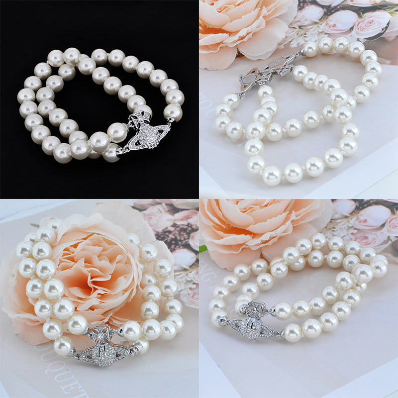 Double Layer Beaded Pearl Studded Orb Pendant Magnetic Clasp Gold & Silver Bracelet (2 Colors)