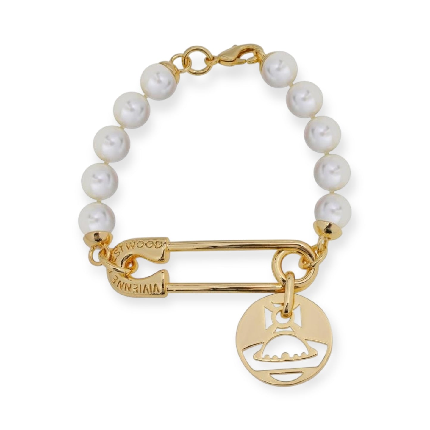 Safety Pin Hanging Cutout Orb Design Pendant Gold & Silver Beaded Pearl Bracelet (2 Colors)