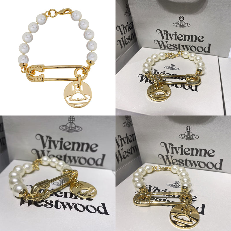 Safety Pin Hanging Cutout Orb Design Pendant Gold & Silver Beaded Pearl Bracelet (2 Colors)