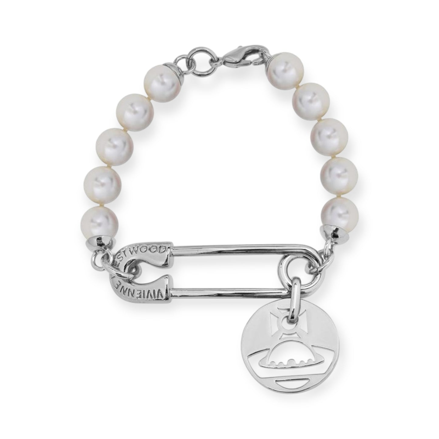 Safety Pin Hanging Cutout Orb Design Pendant Gold & Silver Beaded Pearl Bracelet (2 Colors)