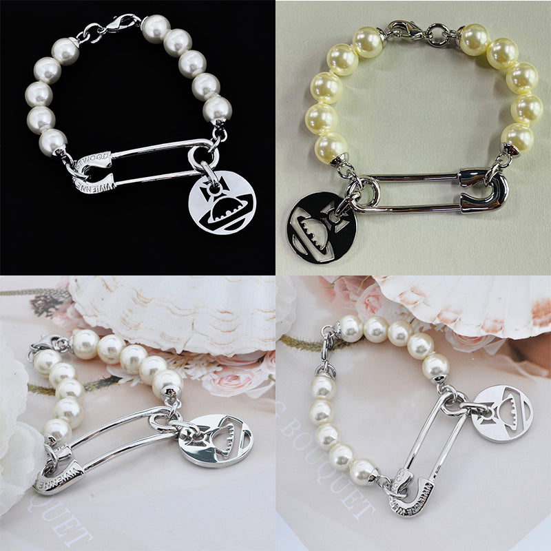 Safety Pin Hanging Cutout Orb Design Pendant Gold & Silver Beaded Pearl Bracelet (2 Colors)