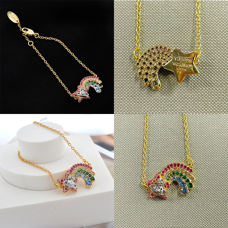 Shooting Rainbow Star Multicolored Orb Design Pendant Gold & Silver Bracelet (2 Colors)