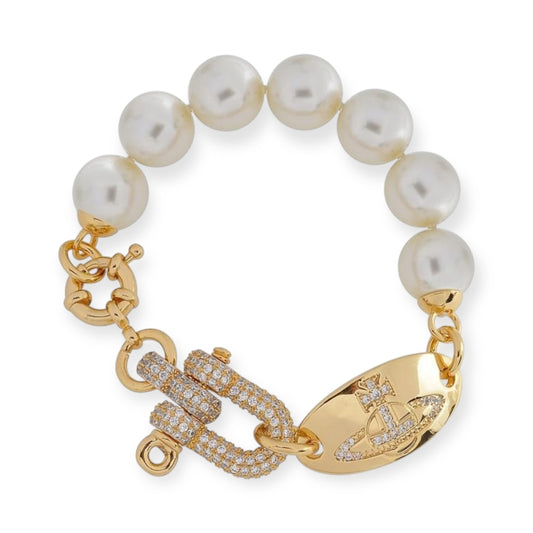 Pearl Hanging Oval Engraved Orb Gem Studded Pendant Chain Link Gold & Silver Bracelet (2 Colors)