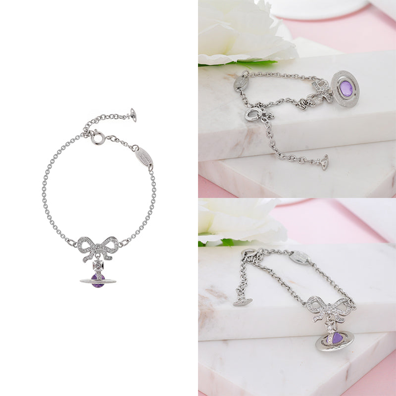 Gem Studded Bow Ribbon Mini Orb Pendant Pink & Purple Bracelet (2 Colors)