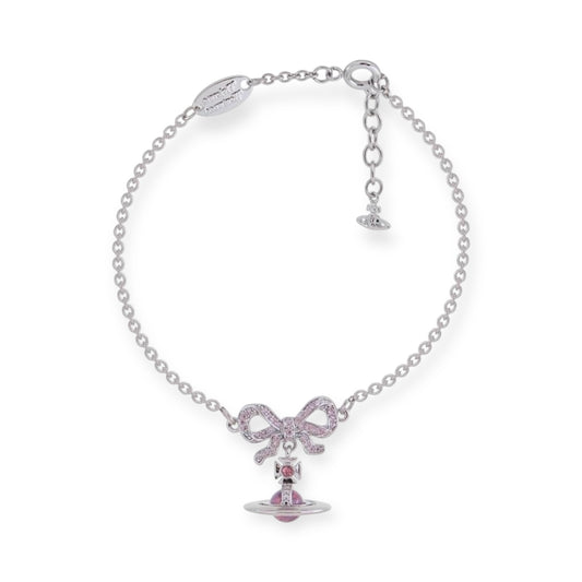 Gem Studded Bow Ribbon Mini Orb Pendant Pink & Purple Bracelet (2 Colors)