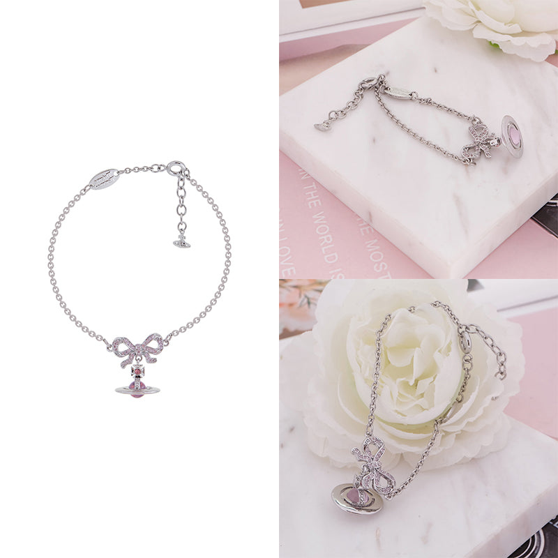 Gem Studded Bow Ribbon Mini Orb Pendant Pink & Purple Bracelet (2 Colors)