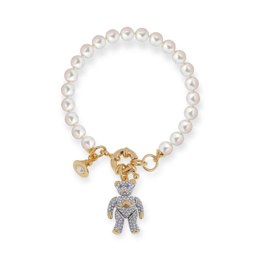 Teddy Bear Panda Gem Studded Pendant Beaded Pearl Bracelet (2 Colors)
