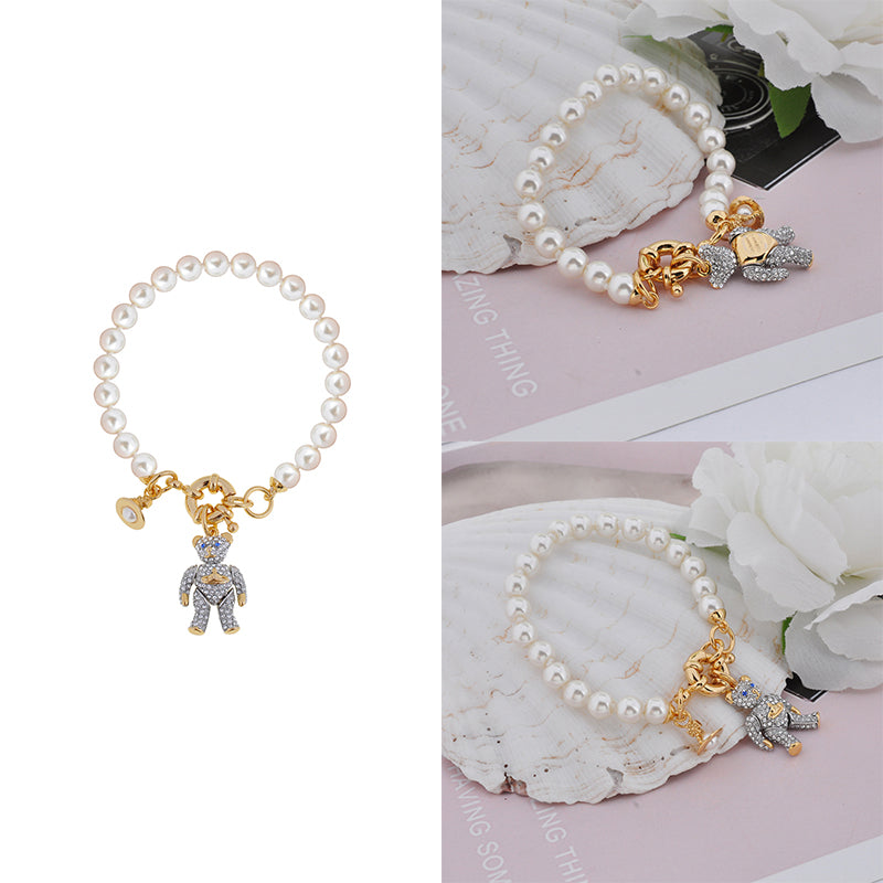Teddy Bear Panda Gem Studded Pendant Beaded Pearl Bracelet (2 Colors)