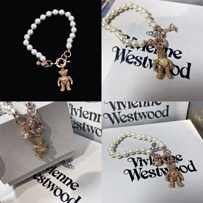 Teddy Bear Panda Gem Studded Pendant Beaded Pearl Bracelet (2 Colors)