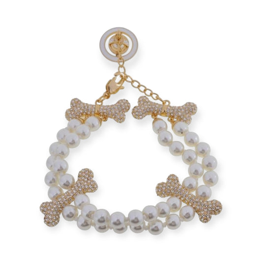 Double Layer Pearl Gem Studded Multi Bones Hanging Orb Gold & Silver Bracelet (2 Colors)
