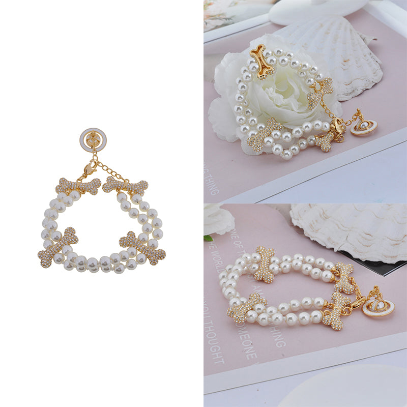 Double Layer Pearl Gem Studded Multi Bones Hanging Orb Gold & Silver Bracelet (2 Colors)