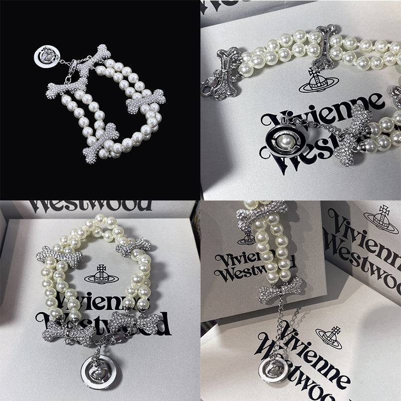 Double Layer Pearl Gem Studded Multi Bones Hanging Orb Gold & Silver Bracelet (2 Colors)