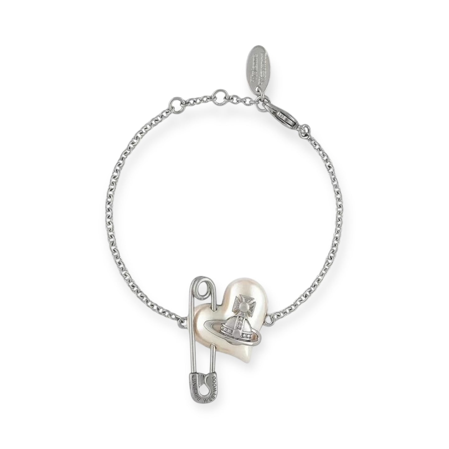 Heart Safety Pin Paperclip Asymmetrical Pearl Orb Design Bracelet (3 Colors)