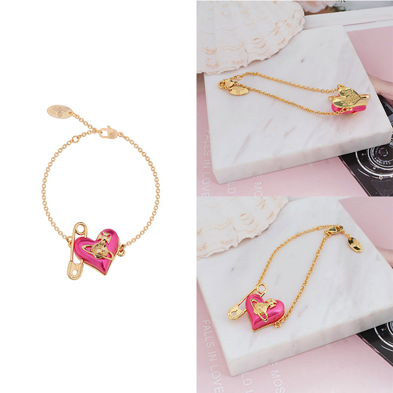 Heart Safety Pin Paperclip Asymmetrical Pearl Orb Design Bracelet (3 Colors)