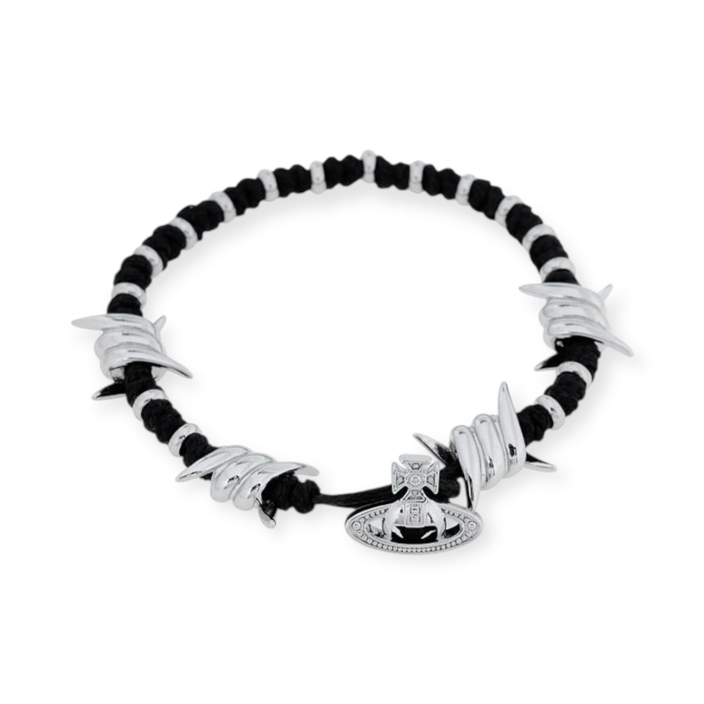 Black Silver Woven Thread Barbed Wire Orb Pendant Bracelet