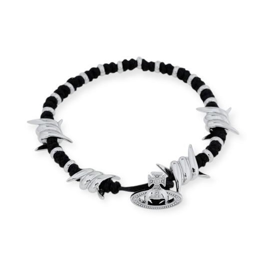 Black Silver Woven Thread Barbed Wire Orb Pendant Bracelet