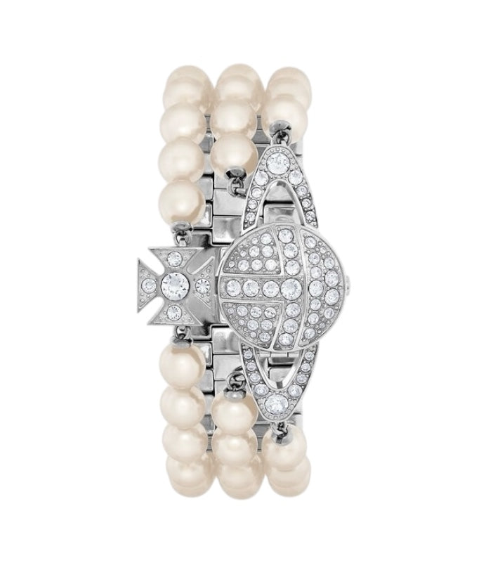 Beaded Pearl Strand Triple Layer Gem Orb Silver Watch
