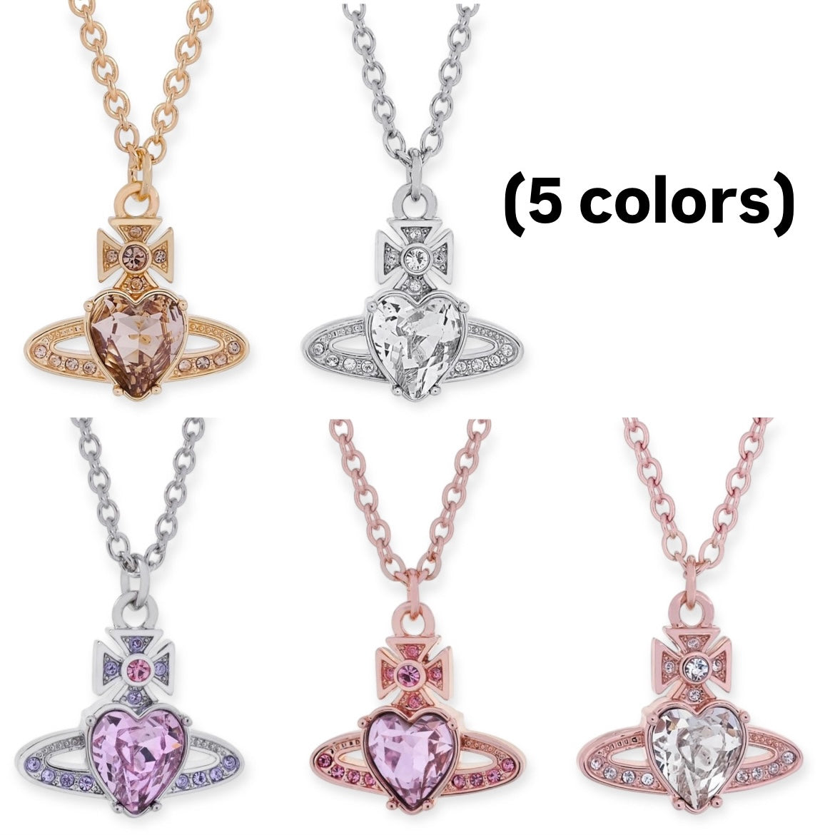 Princess Heart Shaped Gemstone Studded Orb 2D Pendant Necklace (5 Colors)