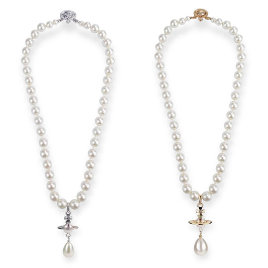 Beaded Tear Drop Pearl Orb Pendant Necklace Gold & Silver *2 colors*