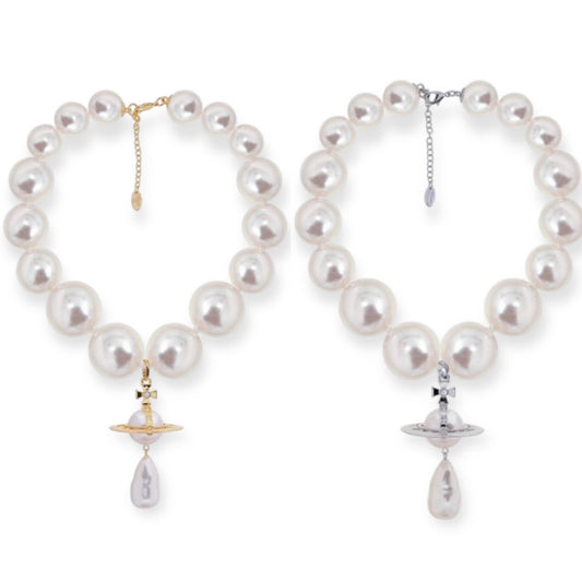 Jumbo Pearl Choker Tear Drop Orb Pendant Necklace Gold & Silver (2 Colors)