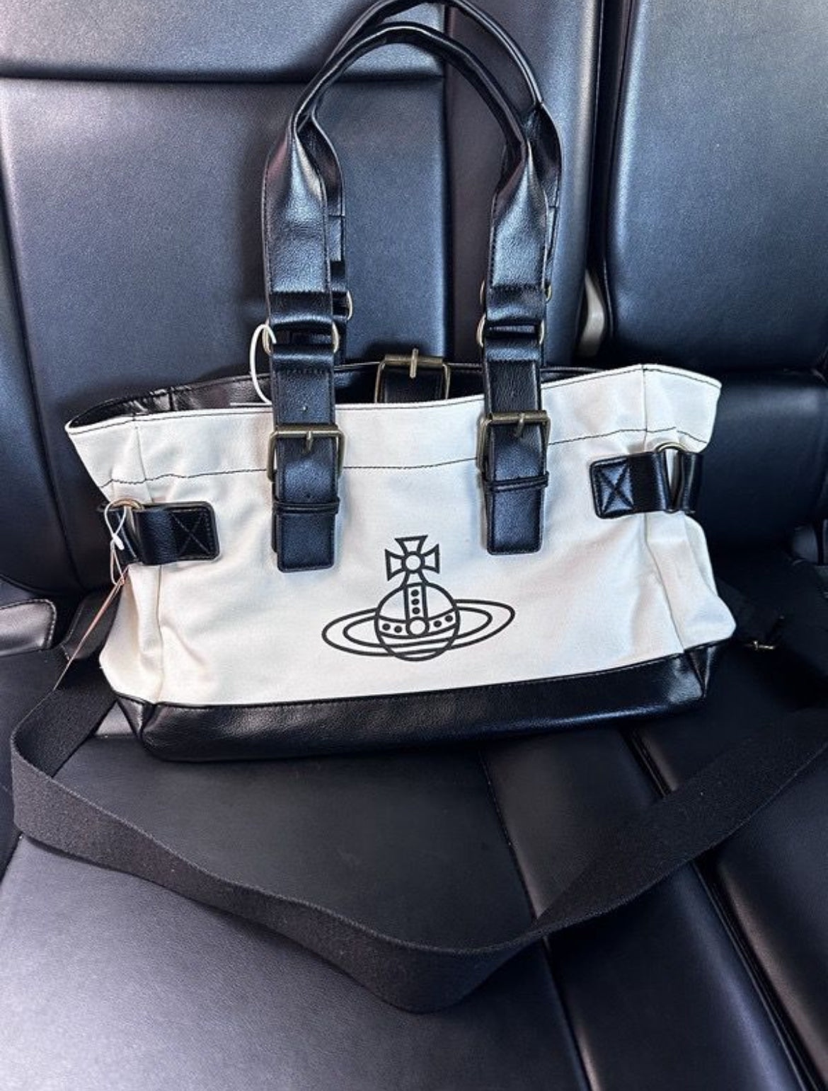 Cream and Black Orb Engraved Design Messenger Tote Hand Bag