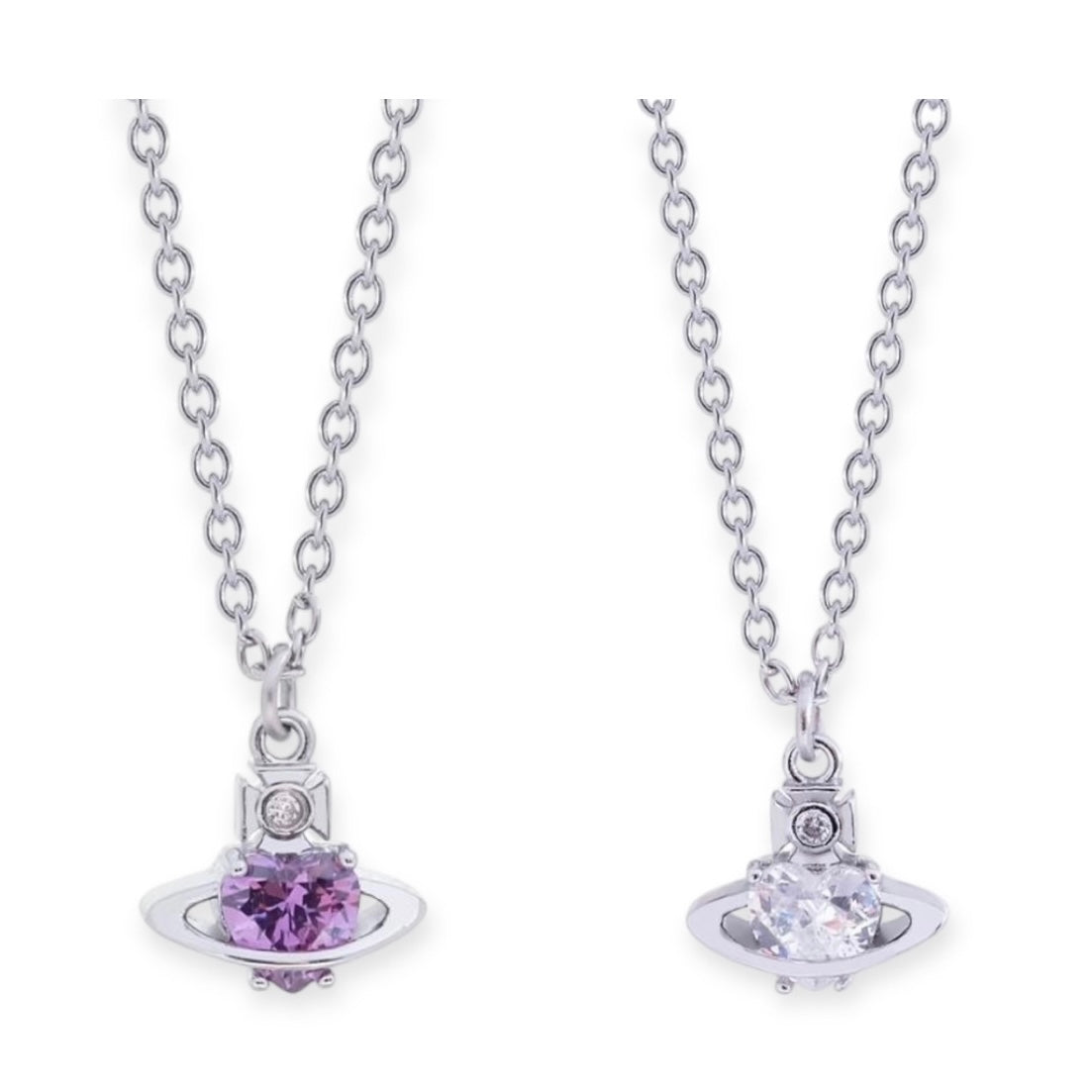 Mini Heart Gemstone Orb Pendant Necklace Purple & Silver (2 Colors)