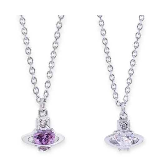 Mini Heart Gemstone Orb Pendant Necklace Purple & Silver (2 Colors)