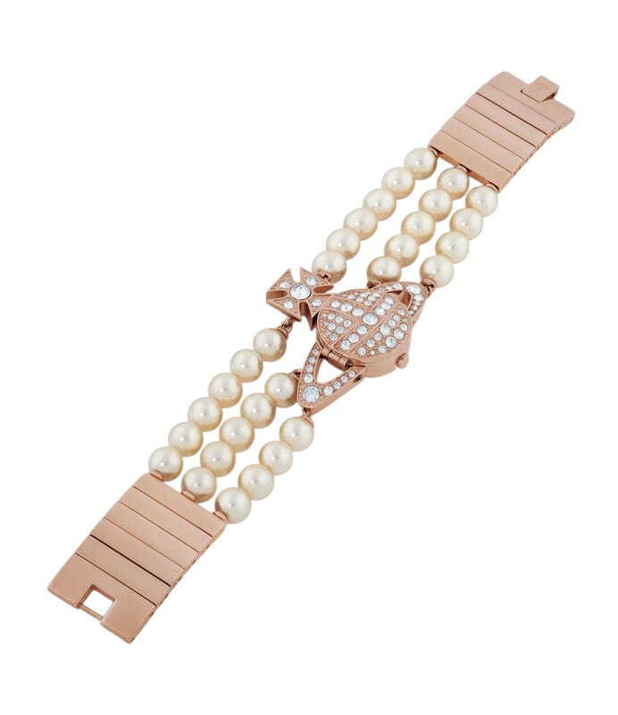 Beaded Pearl Strand Triple Layer Gem Orb Rose Gold Watch