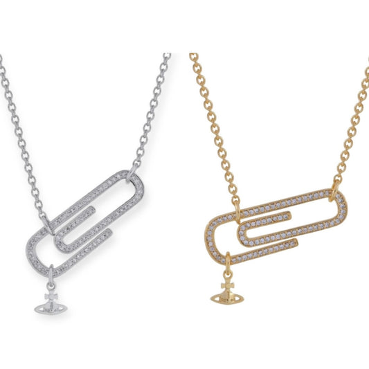 Gem Studded Paperclip Mini Hanging Orb Pendant Necklace Gold & Silver (2 Colors)