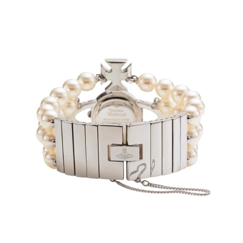 Beaded Pearl Strand Triple Layer Gem Orb Silver Watch