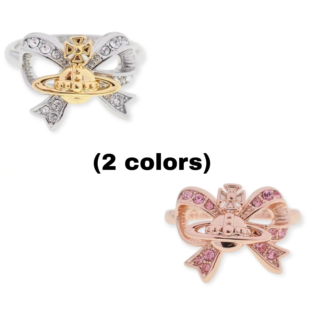 Gem Studded Ribbon Bow Orb Pendant Silver & Rose Gold Ring (2 Colors)