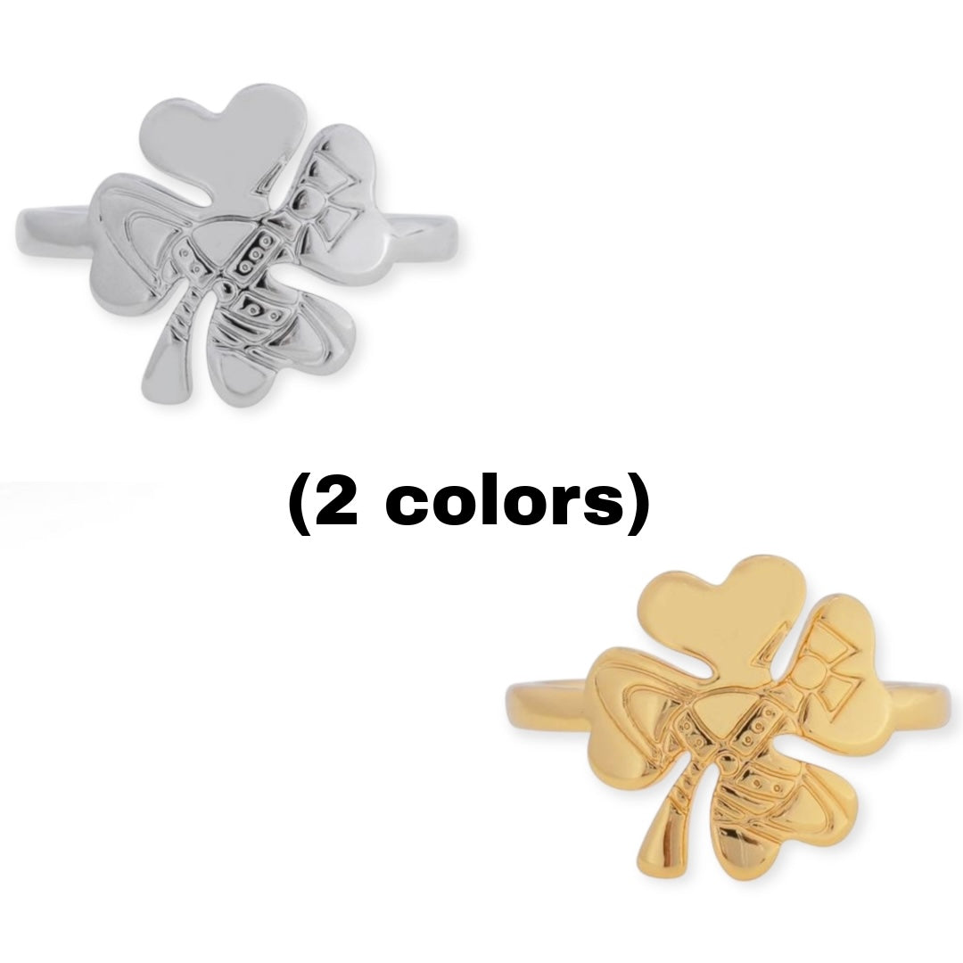 Lucky Clover Staple Engraved Orb Pendant Gold & Silver Ring (2 Colors)