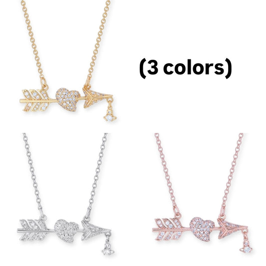Studded Cupid Heart Arrow Design Hanging Orb Pendant Necklace (3 Colors)