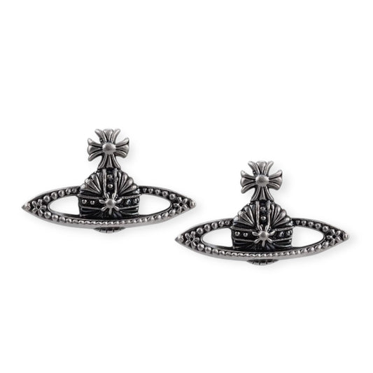 Dark Silver Flower Pattern Pendant Orb Silver Earrings