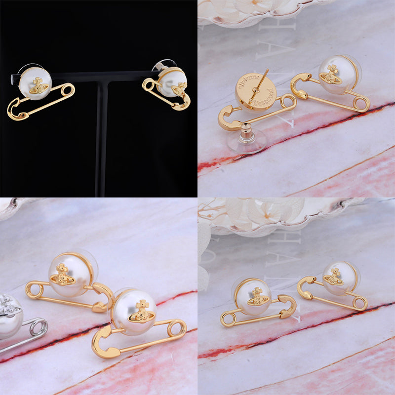 Safety Pin Pearl Design Earrings Gold & Silver (2 Colors)