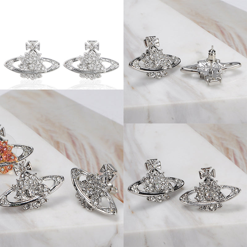 Lotus Flower Design Crystal Pendant Earrings Orange & Silver (2 Colors)