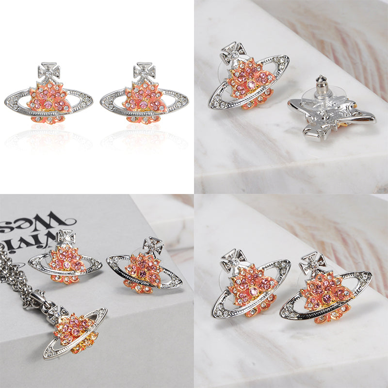 Lotus Flower Design Crystal Pendant Earrings Orange & Silver (2 Colors)