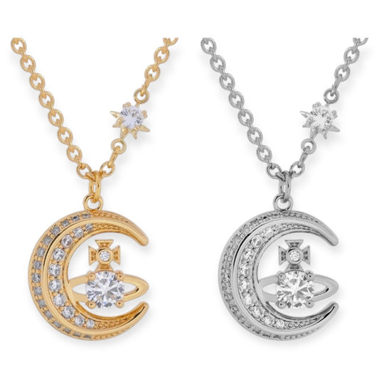 Gem Studded Crescent Moon Orb Pendant Necklace Gold & Silver (2 Colors)