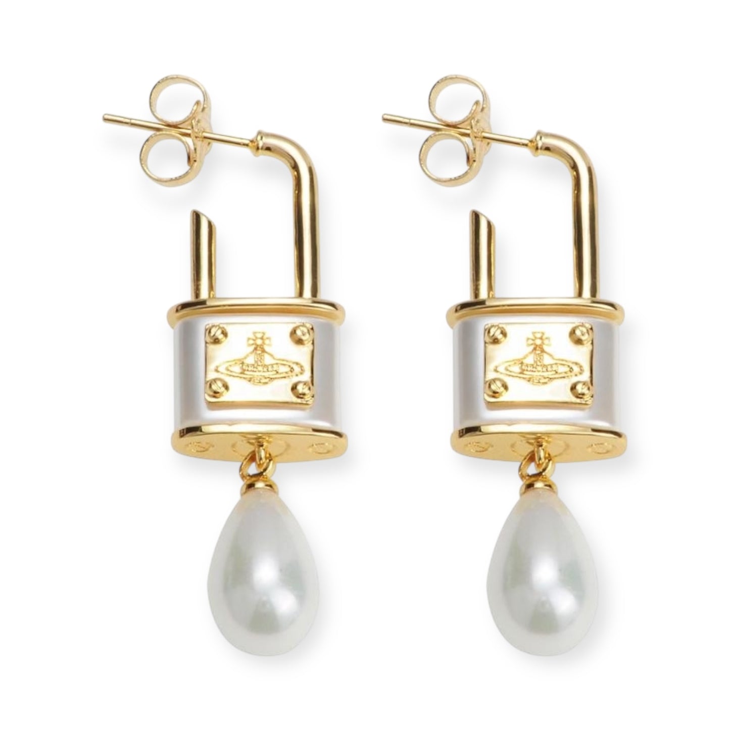 Rens Lock Locket Padlock Pendant Pearl Drop Earrings (4 Colors)