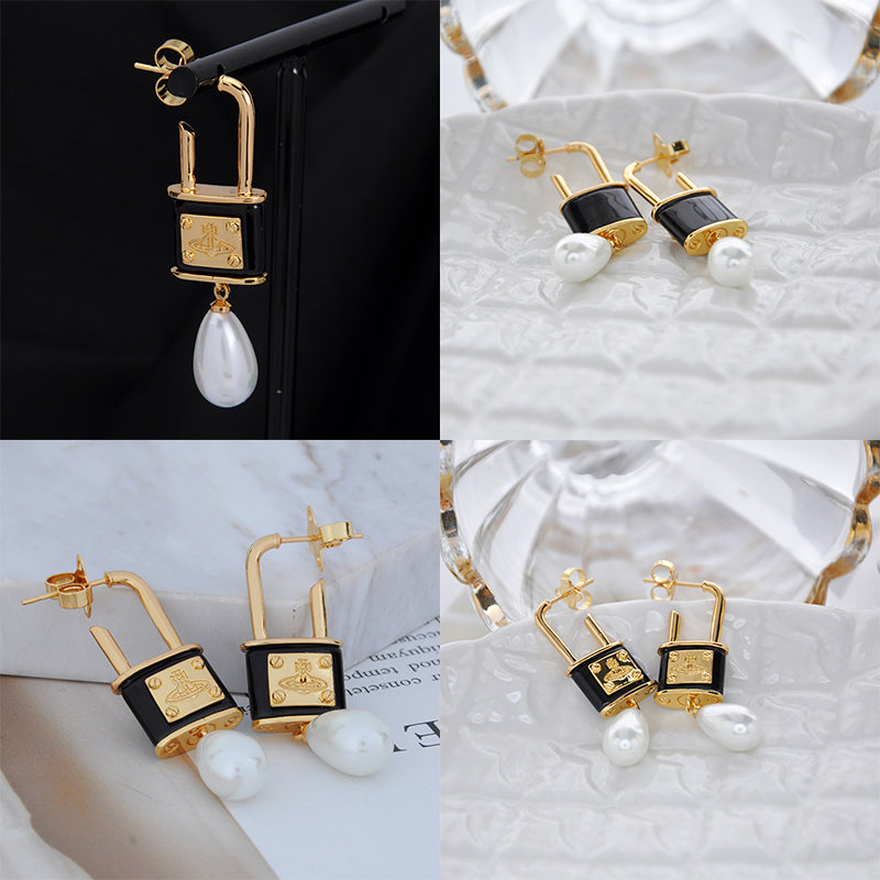 Rens Lock Locket Padlock Pendant Pearl Drop Earrings (4 Colors)