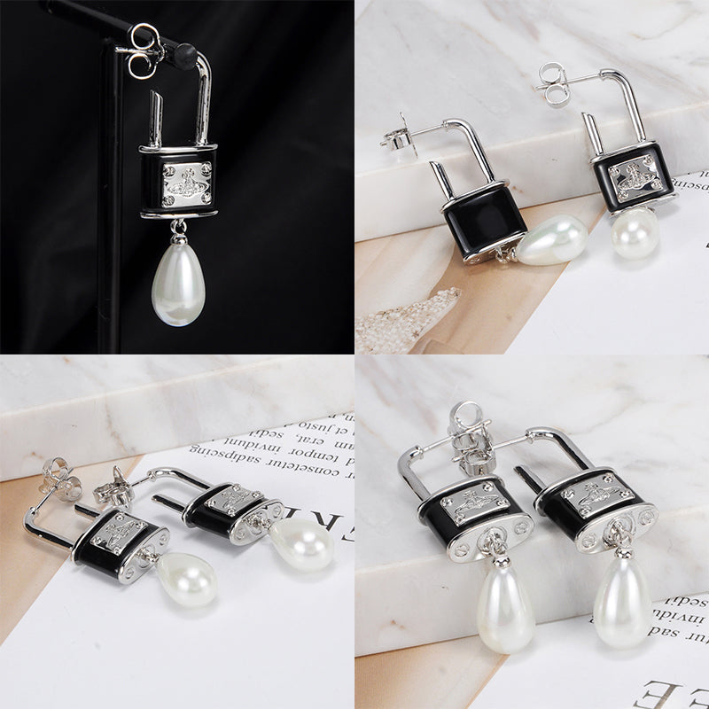 Rens Lock Locket Padlock Pendant Pearl Drop Earrings (4 Colors)