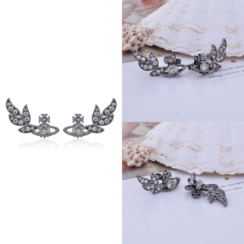 Flower Studded Leaves Wings Mini Gem Orb Pendant Earrings (4 Colors)
