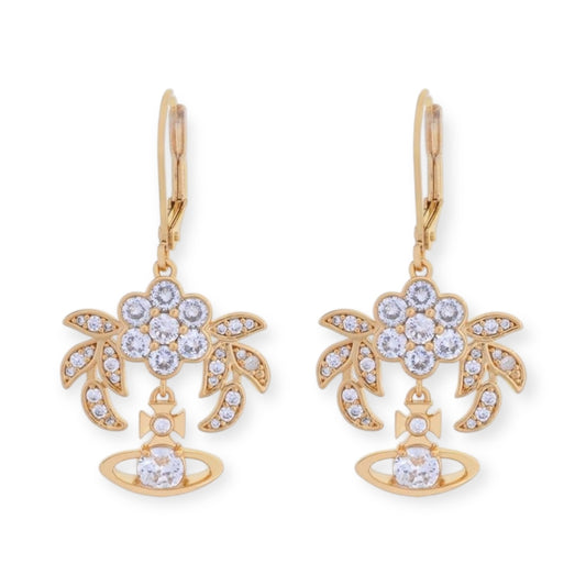 Flower Studded Leaves Mini Gem Orb Hanging Pendant Earrings (4 Colors)