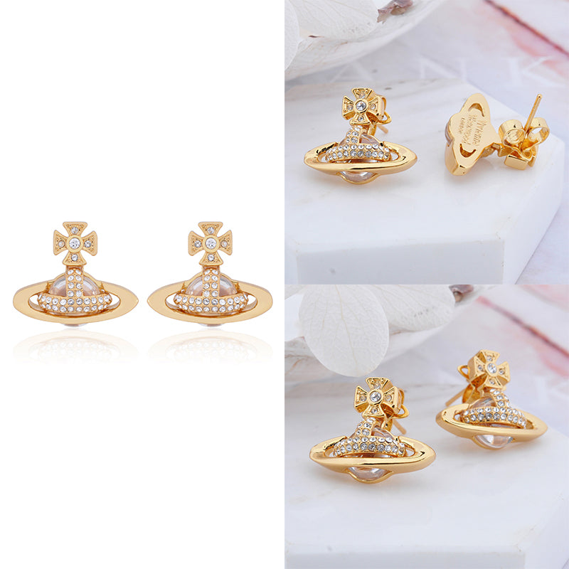 2D Gem Studded Clear Orb Pendant Earrings Gold & Silver (2 Colors)