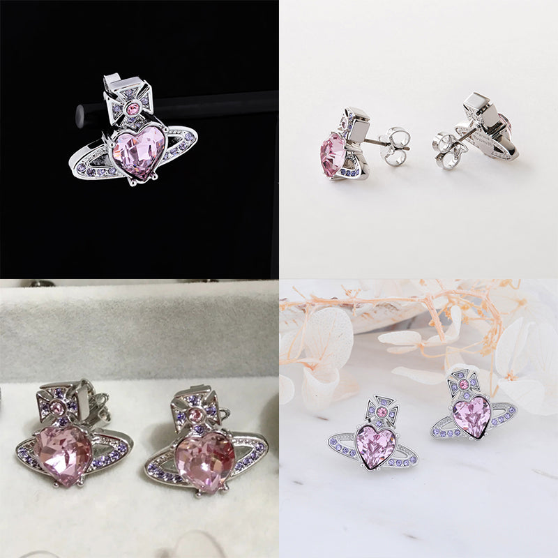 Princess Heart Shaped Gemstone Studded Orb 2D Pendant Earrings (5 Colors)