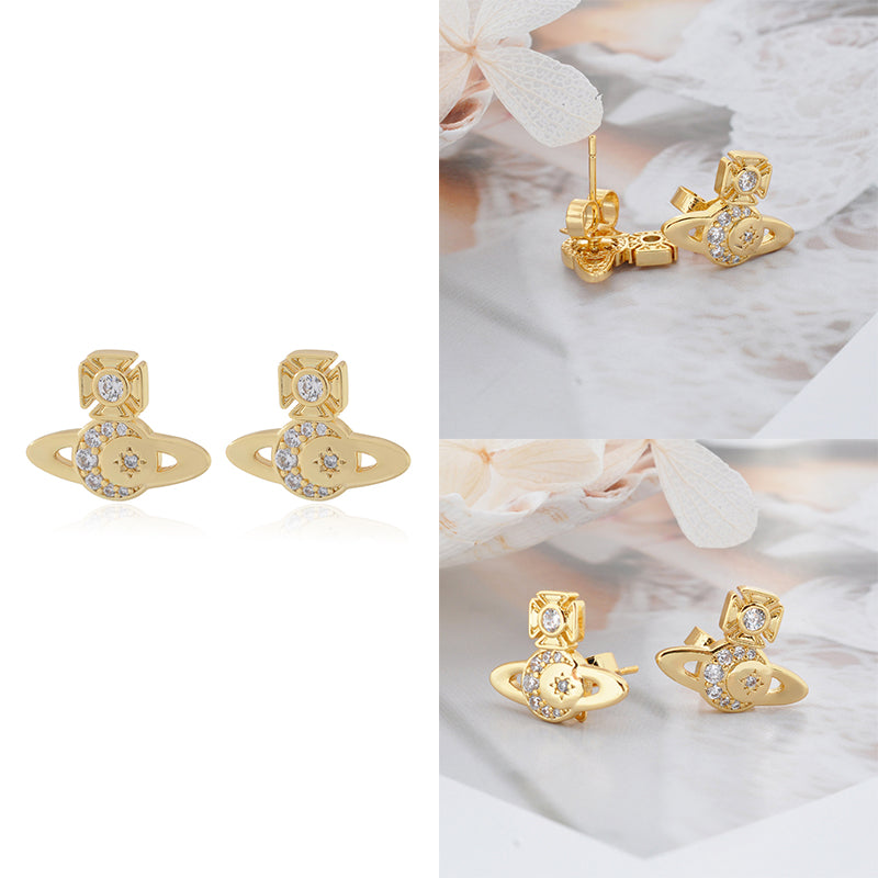 Gem Studded Crescent Moon Stars Display Orb Pendant Gold & Silver Earrings (2 Colors)